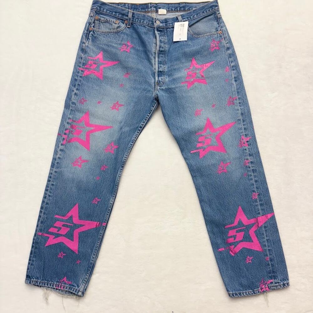 Sp5der x Levi’s 501 5Star Indigo Pink Star Jeans Men’s 40x30 NWT